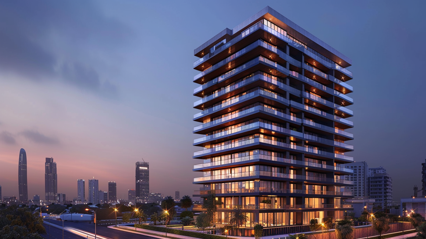 Modern apartment and commercial building at dusk